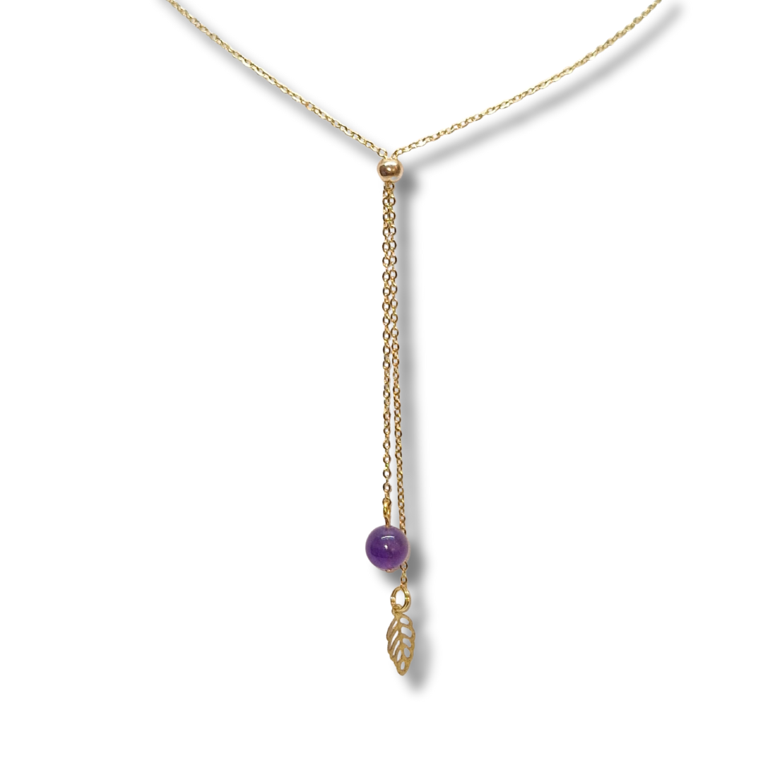 Collier ajustable améthyste feuille acier inoxydable doré