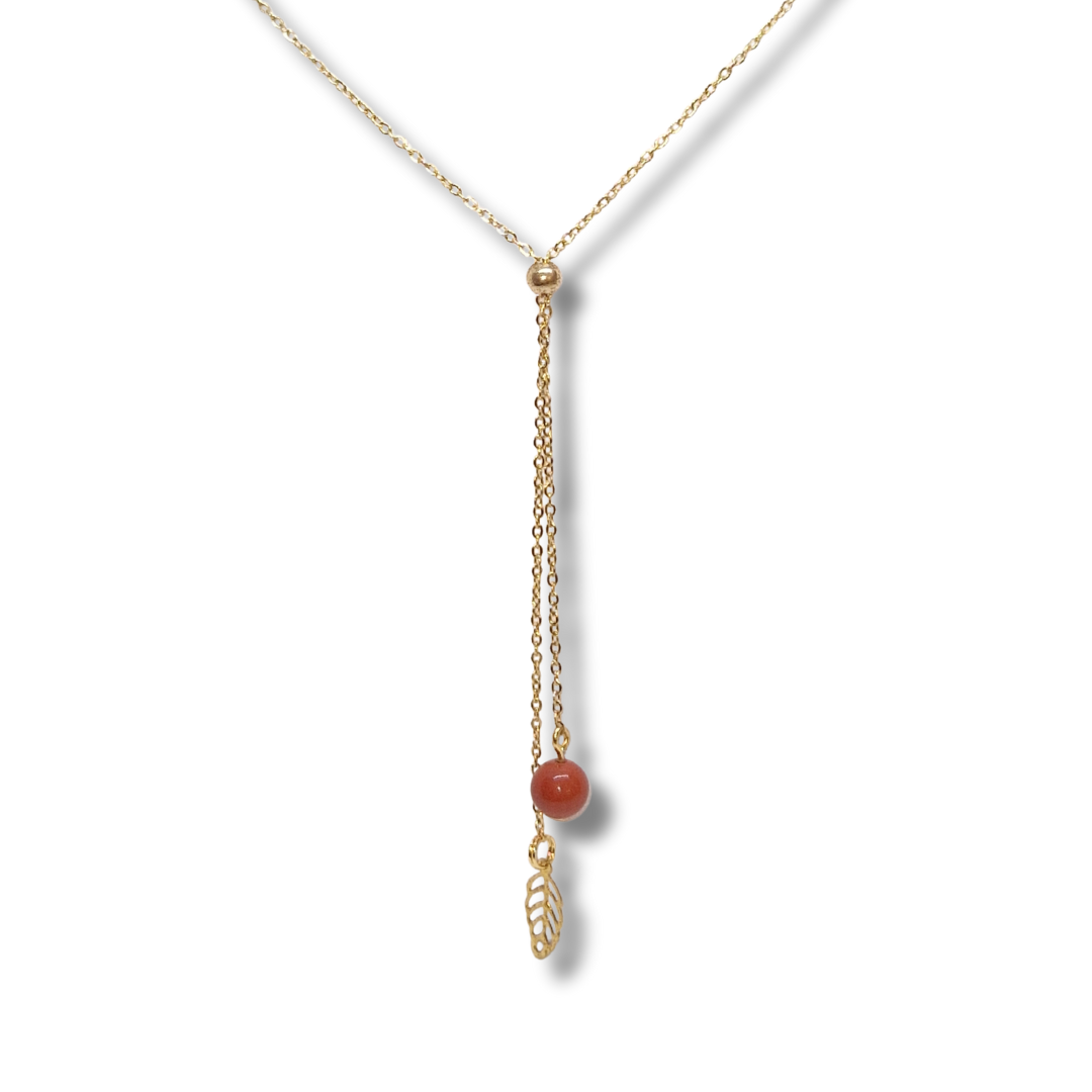 Collier ajustable jaspe rouge feuille acier inoxydable