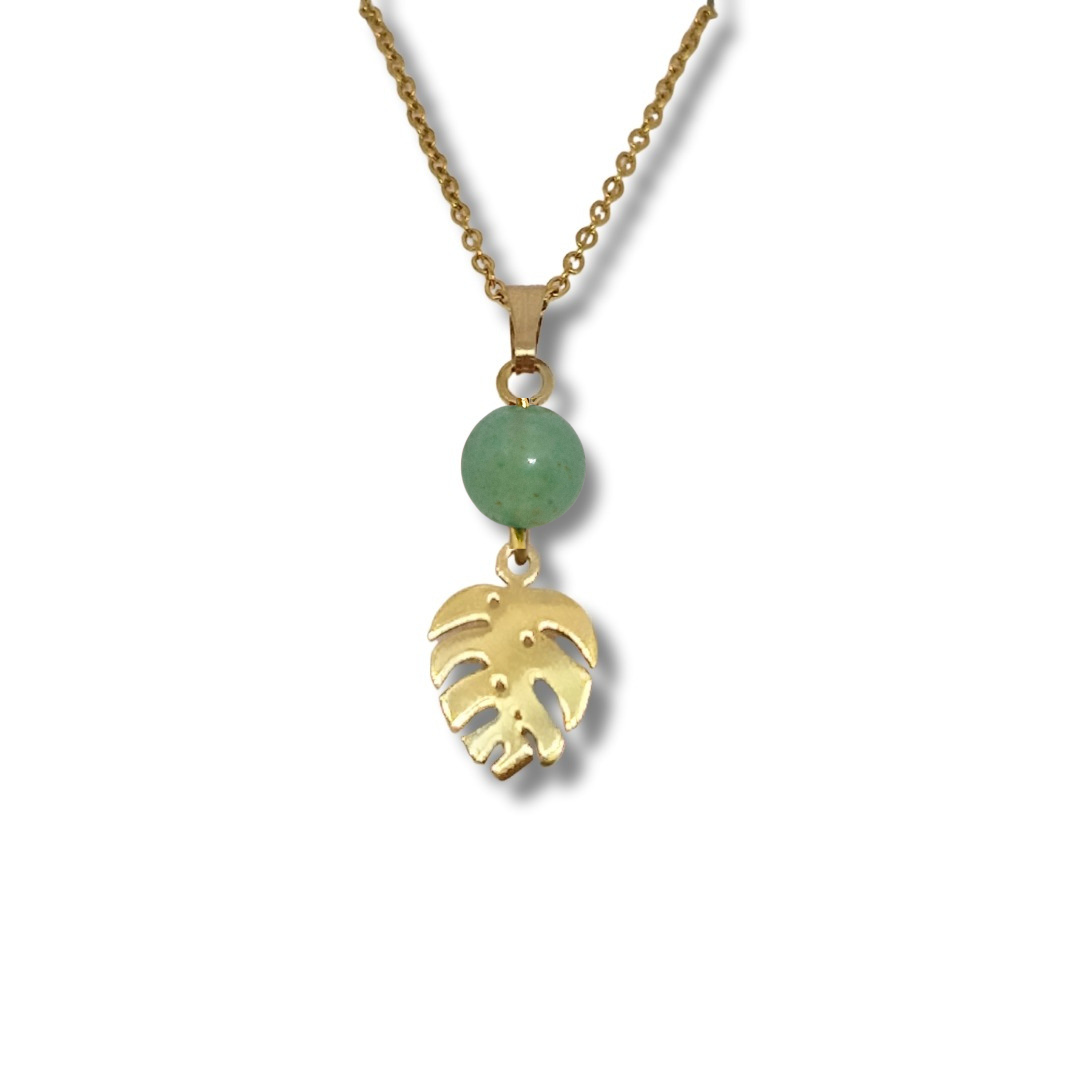 Collier acier inoxydable doré aventurine monstéra