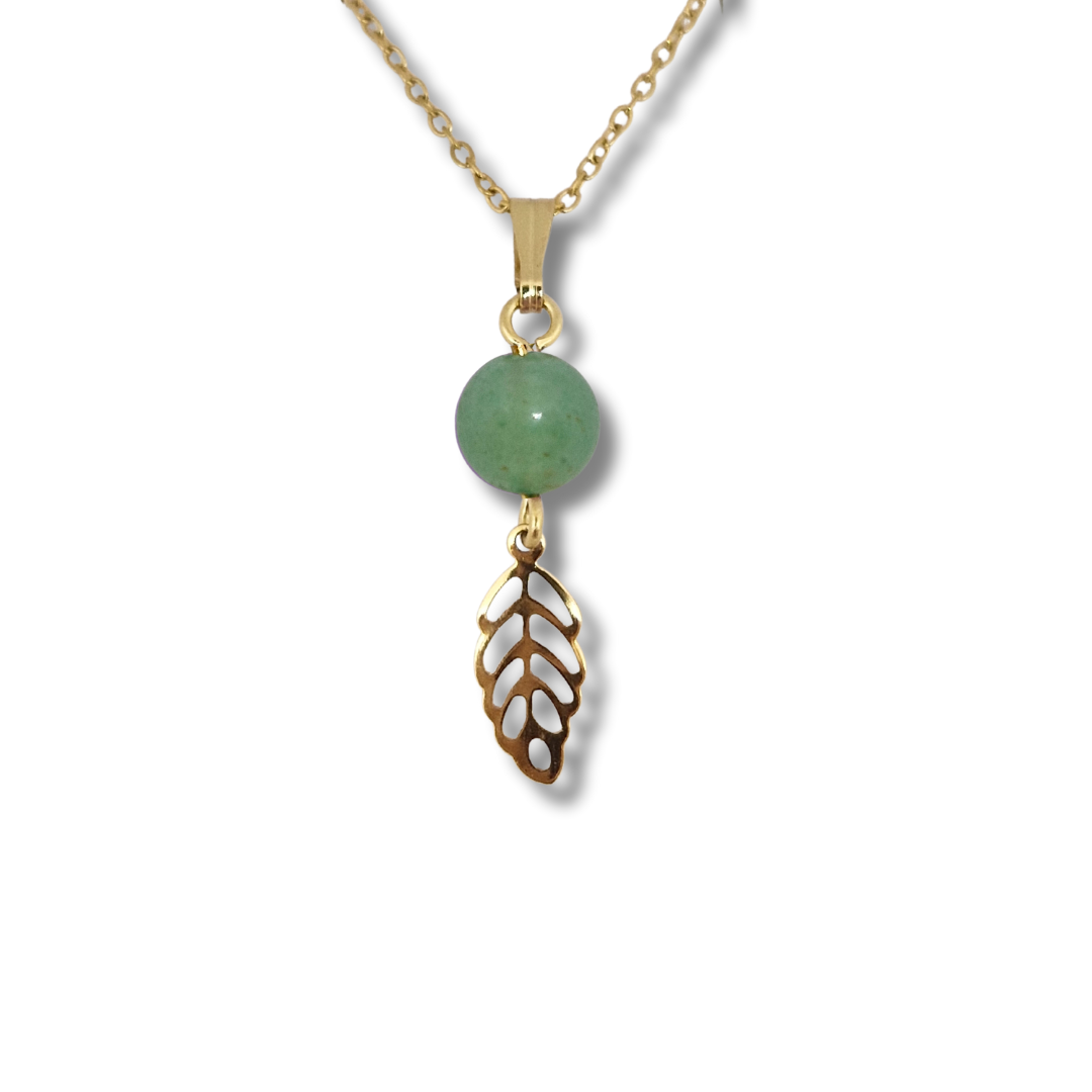 Collier acier inoxydable doré aventurine feuille ajourée