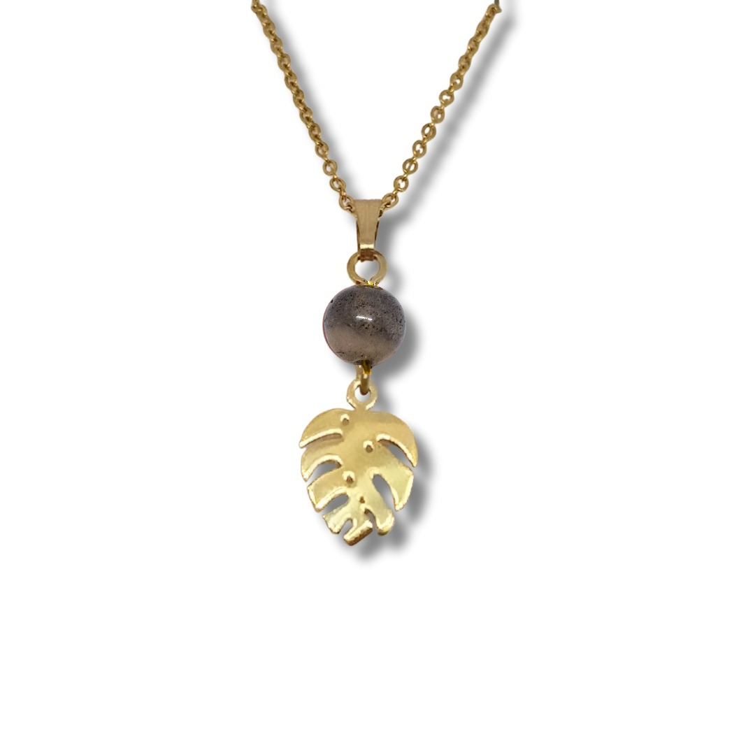 Collier acier inoxydable doré labradorite monstéra
