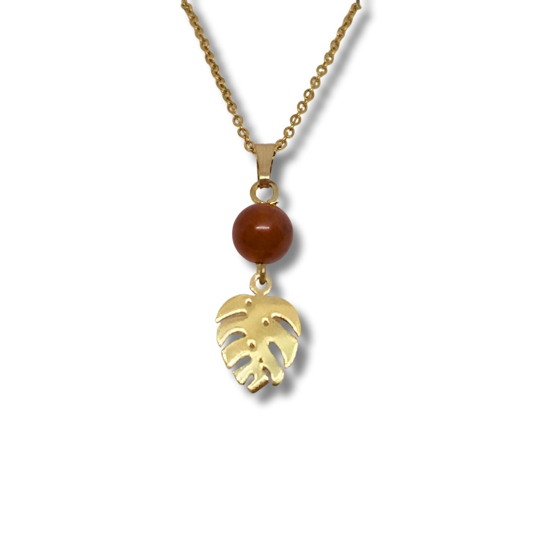 Collier acier inoxydable doré pierre de soleil monstéra