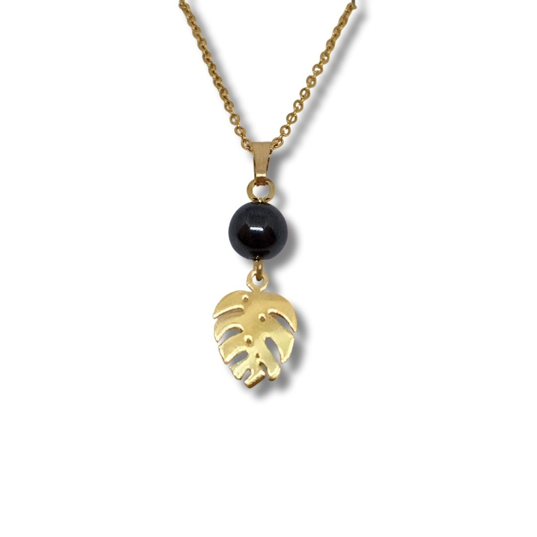 Collier acier inoxydable doré hématite monstéra