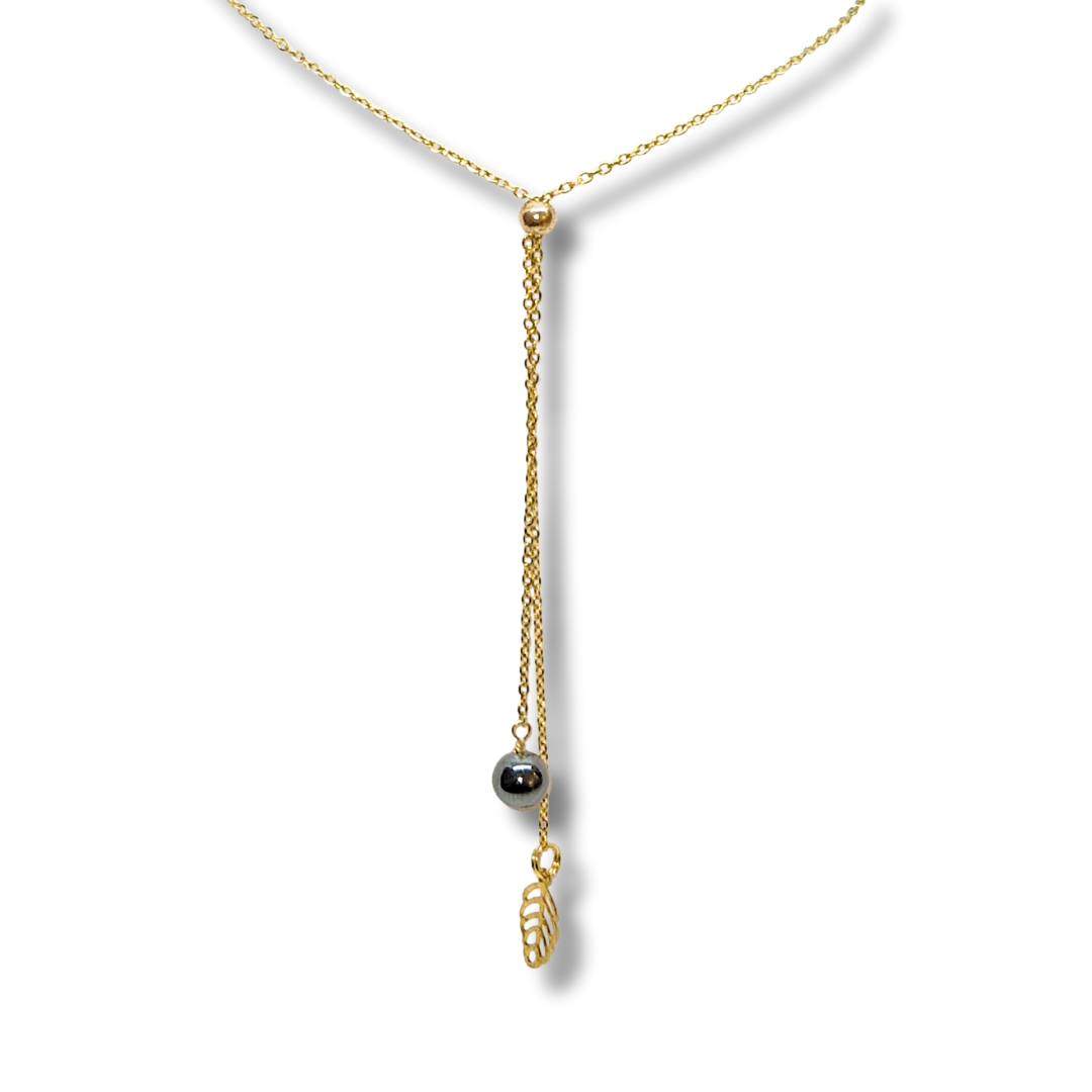 Collier ajustable hématite feuille acier inoxydable doré