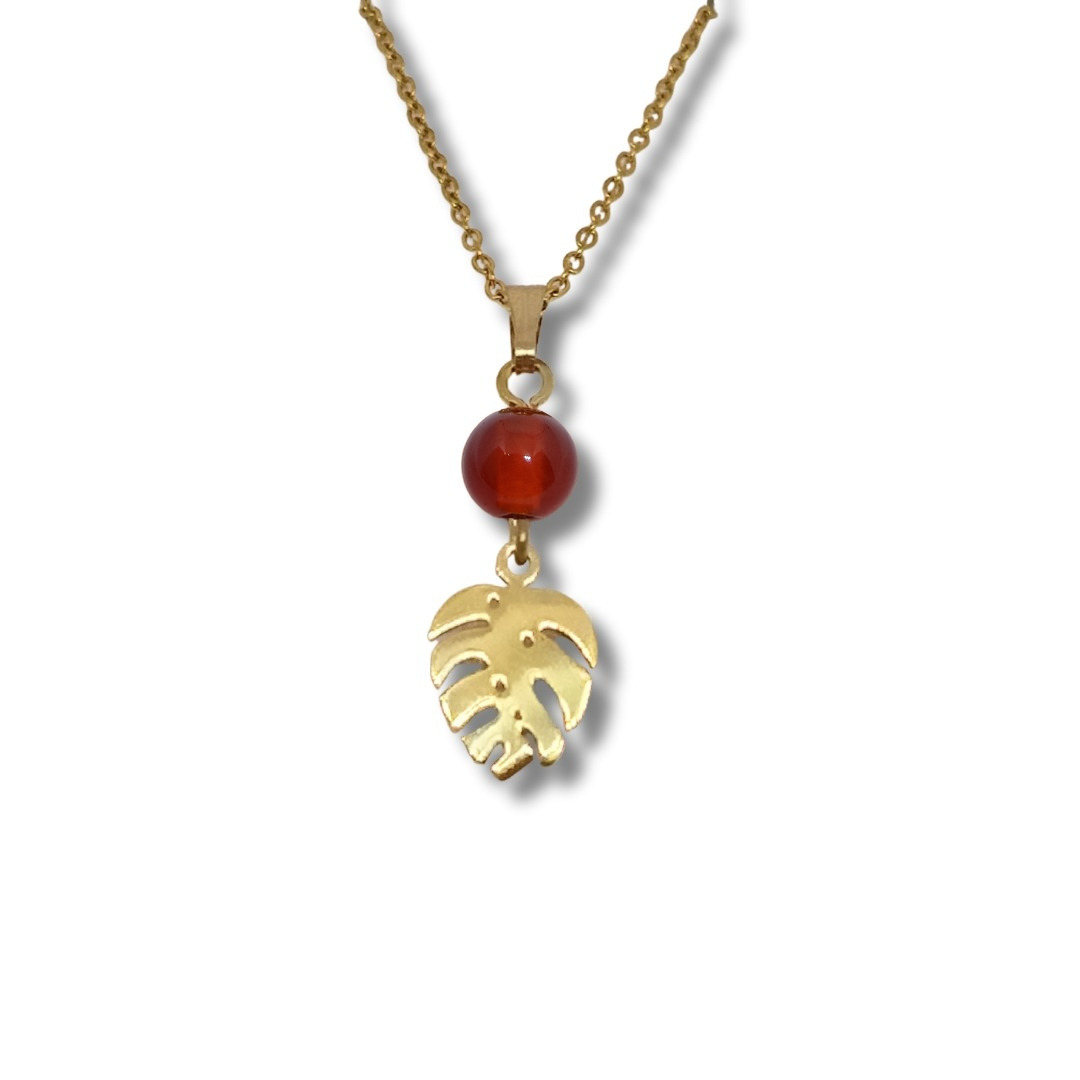 Collier acier inoxydable doré cornaline monstéra