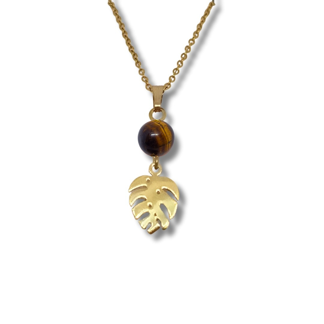 Collier acier inoxydable doré oeil de tigre monstéra