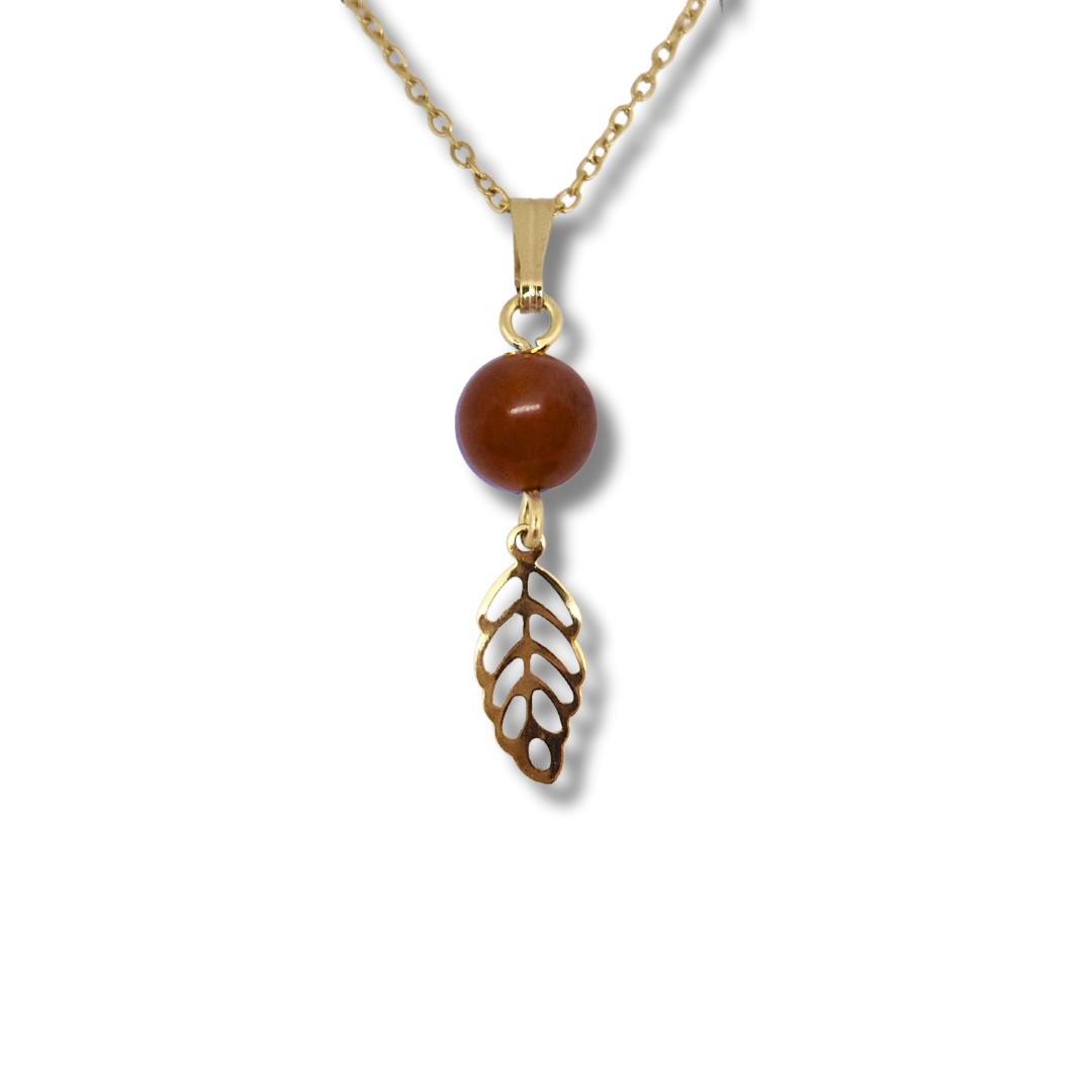 Collier acier inoxydable doré pierre de soleil feuille ajourée