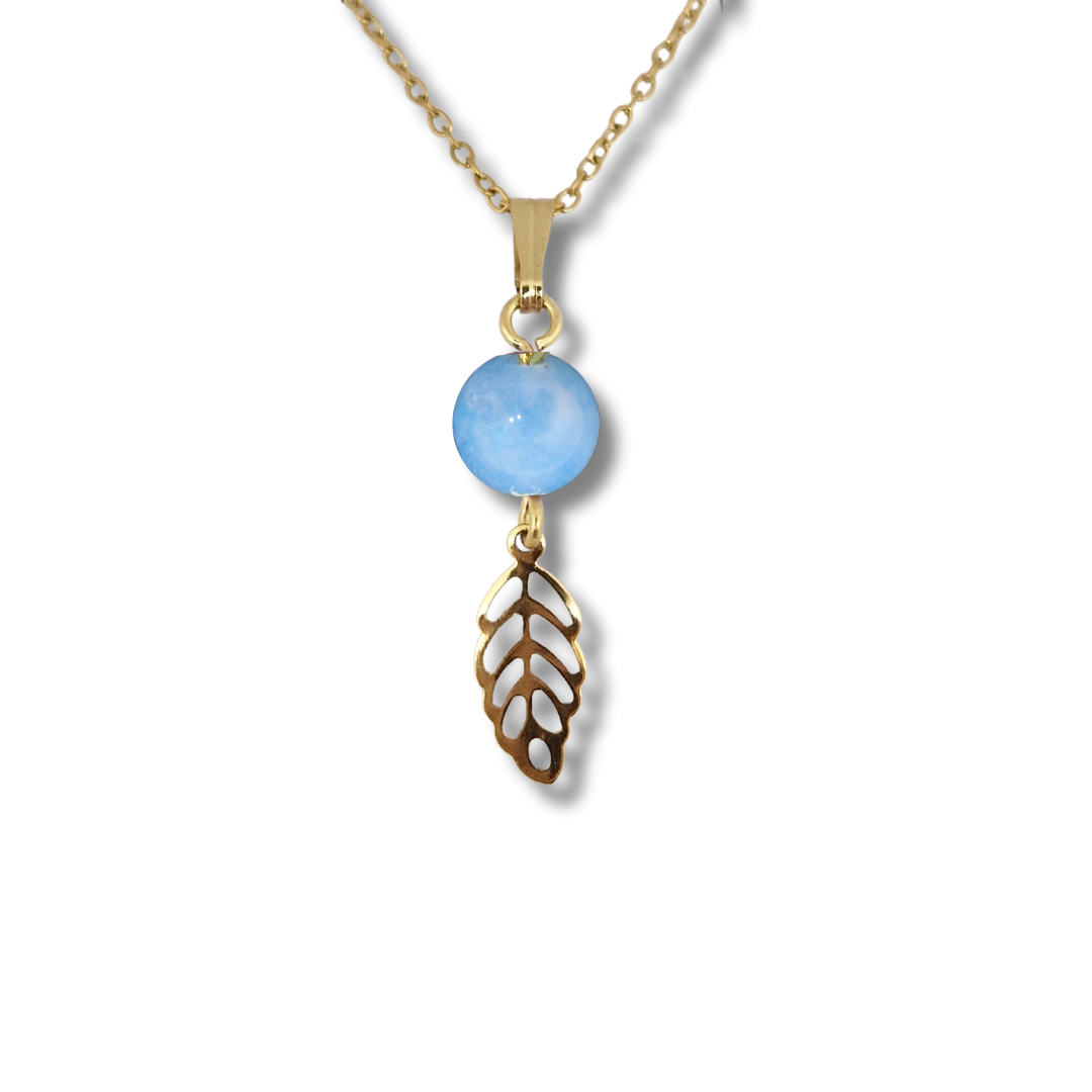 Collier acier inoxydable doré aigue marine feuille ajourée