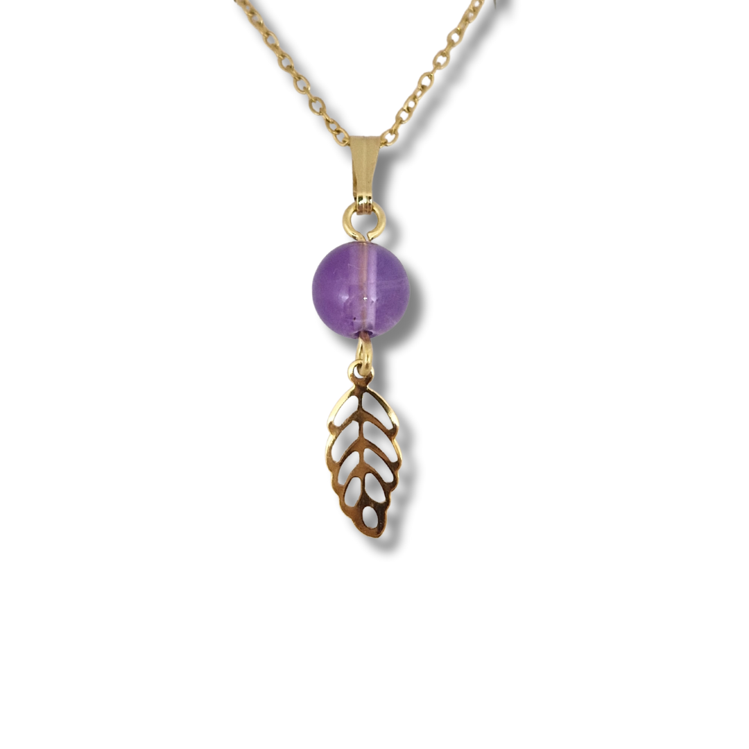 Collier acier inoxydable doré améthyste feuille ajourée