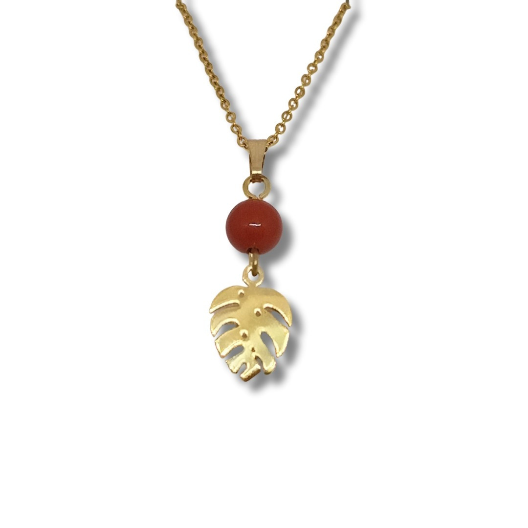 Collier acier inoxydable doré jaspe rouge monstéra